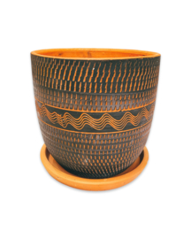 (IN SHOP ONLY!) All black engraved high curved terracotta pot N4 - D30 H30