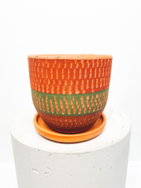 Red-green-red engraved high curved terracotta pot N1 - D16 H16