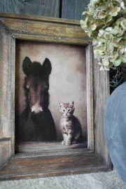 HOUTEN SCHILDERIJ PAARD EN KATJE