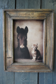 HOUTEN SCHILDERIJ PAARD EN KATJE