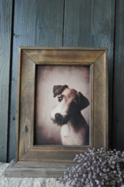 HOUTEN SCHILDERIJ MET HOND OP HOUTEN VOET
