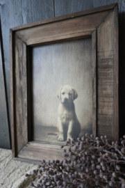 HOUTEN SCHILDERIJ MET ZITTENDE HOND