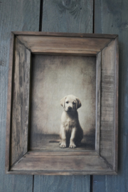 HOUTEN SCHILDERIJ MET ZITTENDE HOND
