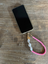 Telefoonkoord roze met parels + gratis plastic houdertje