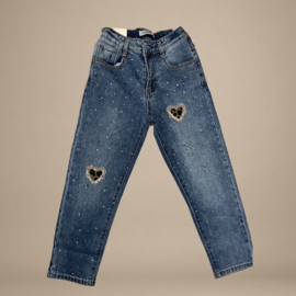 Straightleg Denim Broek met Panterhart en glittersteentjes