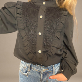 Elegante Blouse met Parelknopen en Pofmouwen Zwart