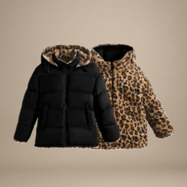 Reversible Winterjas Teddy Panterprint | Zwart