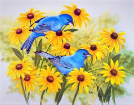 Gele bloemen Blauwe vogels Diamond Painting