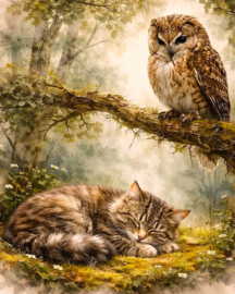 Uil kijkt naar kat Diamond Painting