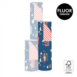 Cadeaupapier - Sint Pakjesboot - blue/fluor orange stripes - 50cm x 2m