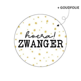 Cadeausticker - Hoera! Zwanger - wit/zwart/goud/stippen - 10 stuks