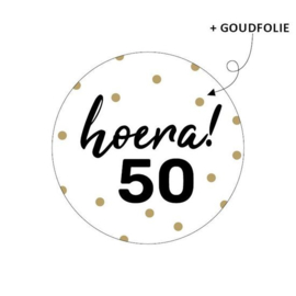 Cadeausticker - Hoera! 50 - wit/zwart/goud - 10 stuks
