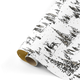 Cadeaupapier - Reindeer Forest - wit/zwart/goud - 50cm x 3m