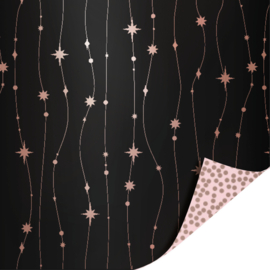 Cadeaupapier - Stars are falling- zwart/roze metallic - 30cm x 2m