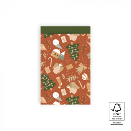 Cadeauzakje - X-mas Time - cognac/green forest - 12x19cm - 5 stuks