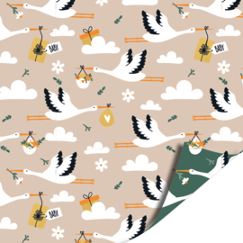 Cadeaupapier - Ooievaar - groen/beige - 30cm x 2m