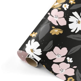 Cadeaupapier - Fresh Flowers - zwart/wit/roze - 50cm x 3m