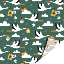 Cadeaupapier - Ooievaar - groen/beige - 30cm x 2m