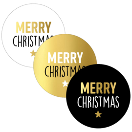Cadeausticker - Merry Christmas - wit/zwart/goud - 12 stuks