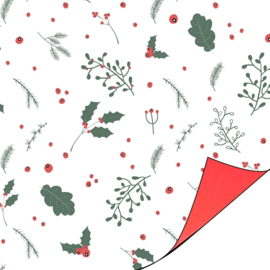 Cadeaupapier - Christmas Blossom - wit/rood/groen - 30cm x 2m