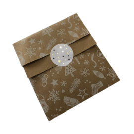 Cadeauzakje - kerstprint - kraft/wit - 12x19cm - 5 stuks