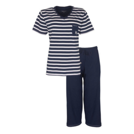 Pyjama gestreept met drie kwart broek donkerblauw