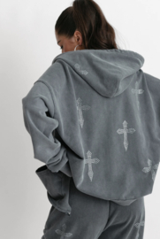 RHINESTONE CROSS ZIP HOODIE ACID GREY