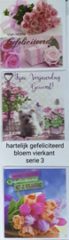 3 stuks wenskaart vierkant ( B) hartelijk gefeliciteerd bloem met envelop keuze uit 8 series klik hier voor de andere series