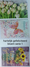 3 stuks  wenskaart hartelijk gefeliciteerd bloem met envelop keuze uit 10 series klik hier voor de andere series