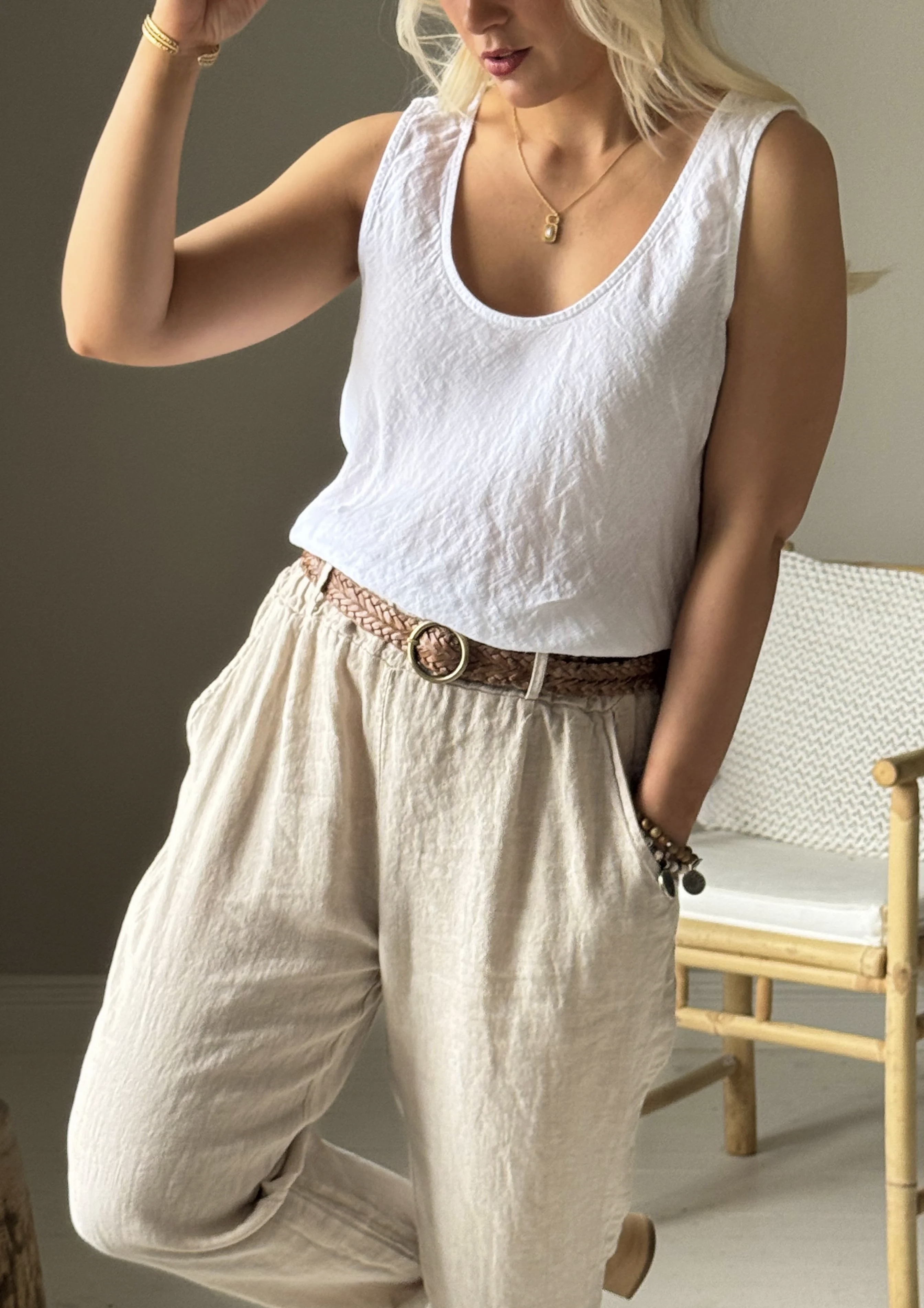 BYPIAS, BOHEMIANA LINNEN TOP LINA WHITE