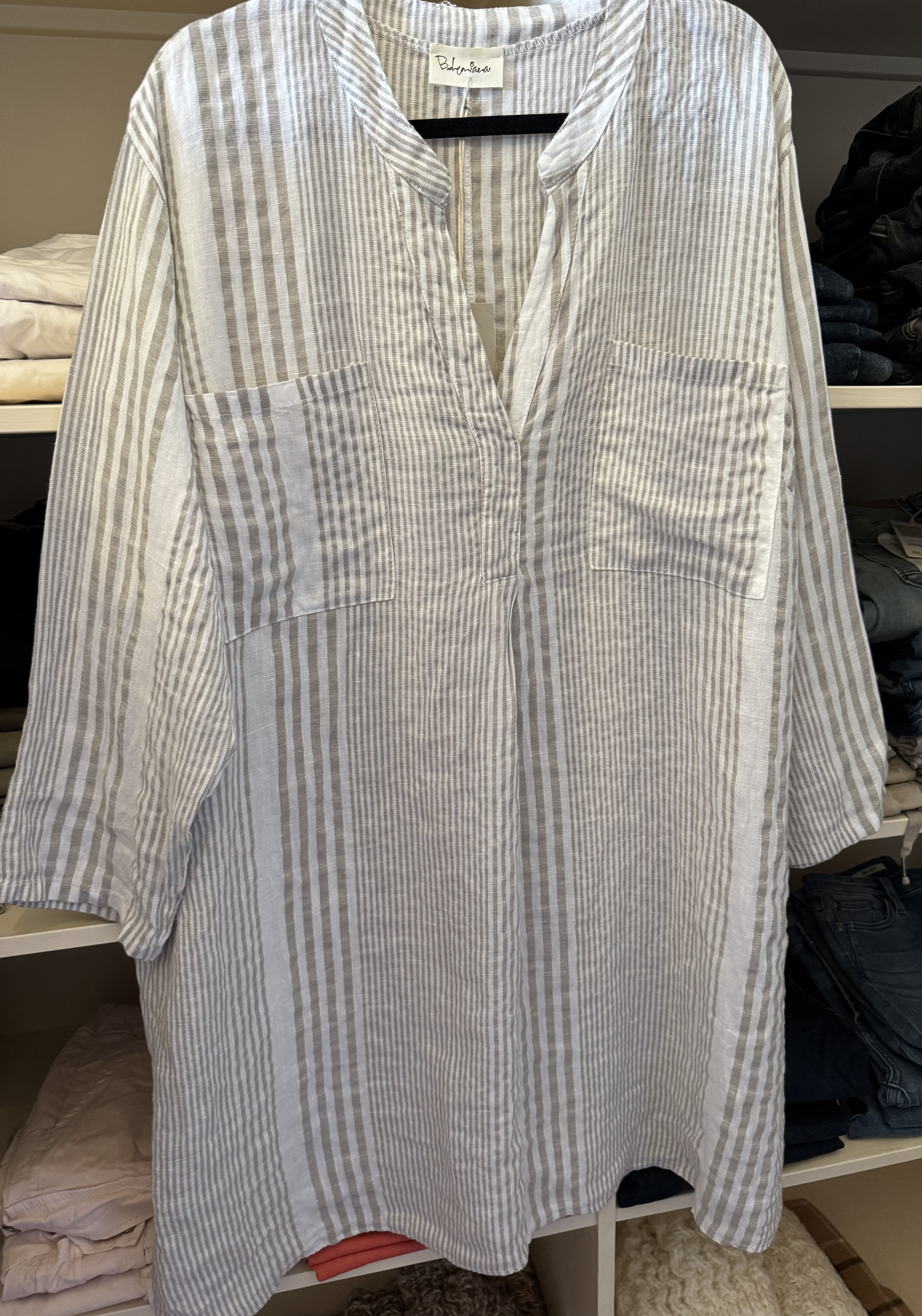 BYPIAS BOHIEMIANA. BELMONT LINNEN TUNIC BEIGE CAPRI STRIPE