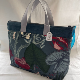 Teal Grey flowers XL zipper project bag