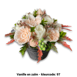Zeepbloemen in middelgrote pot gedeeltelijk bedekt met decor gras