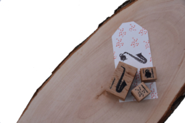 Cats on Appletrees - houten stempel - Minna the Chick & Saxophone & Music Cloud