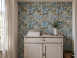 Blauw bloemen behang