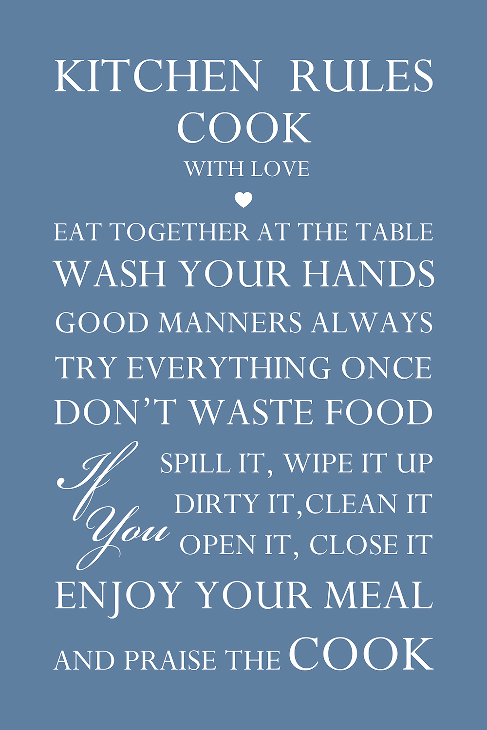 Kitchen rules op canvas blauw