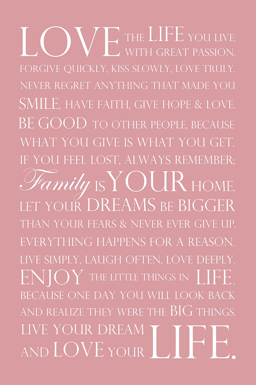 Love your life op canvas roze