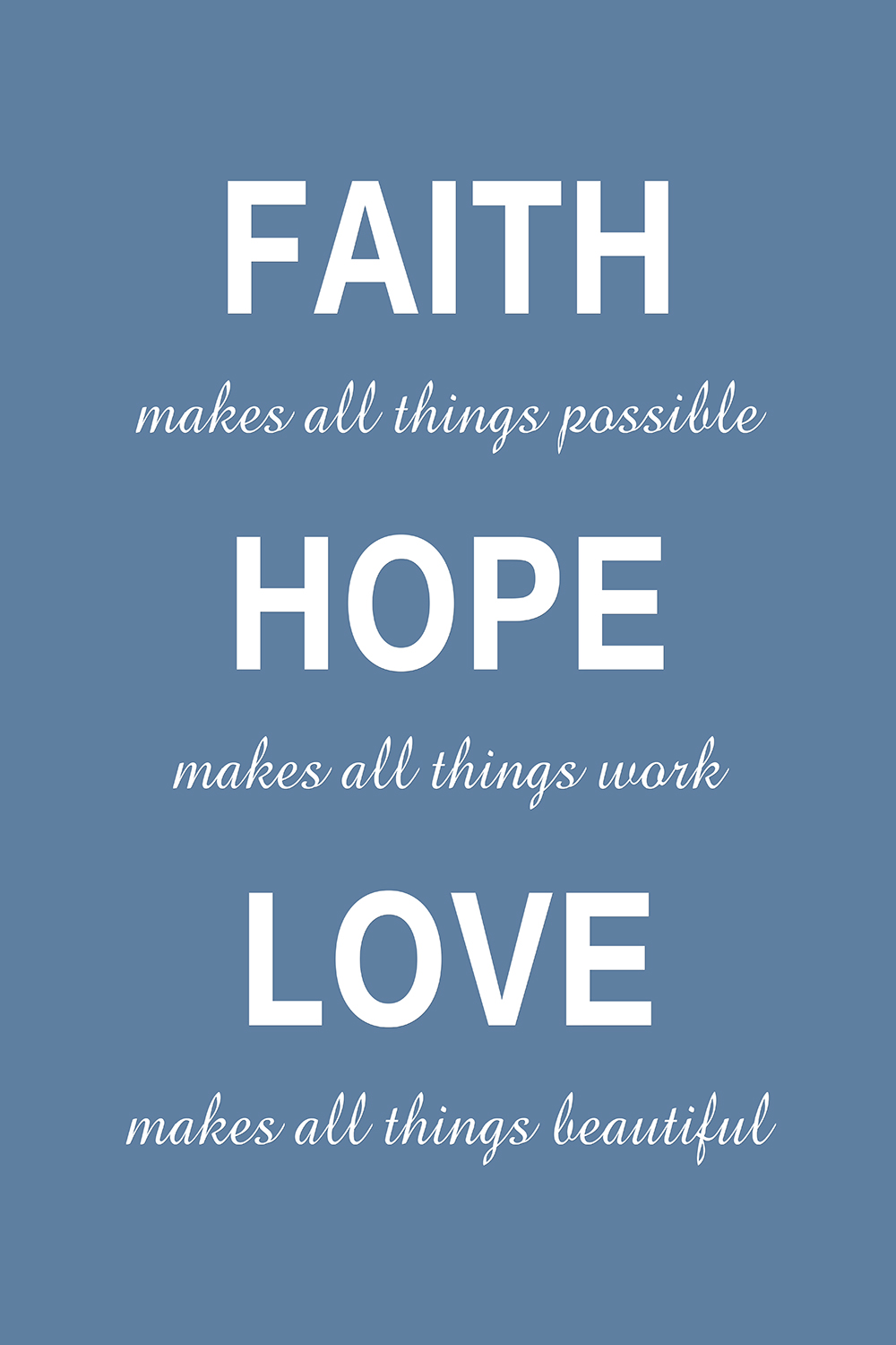 Faith Hope Love op canvas blauw