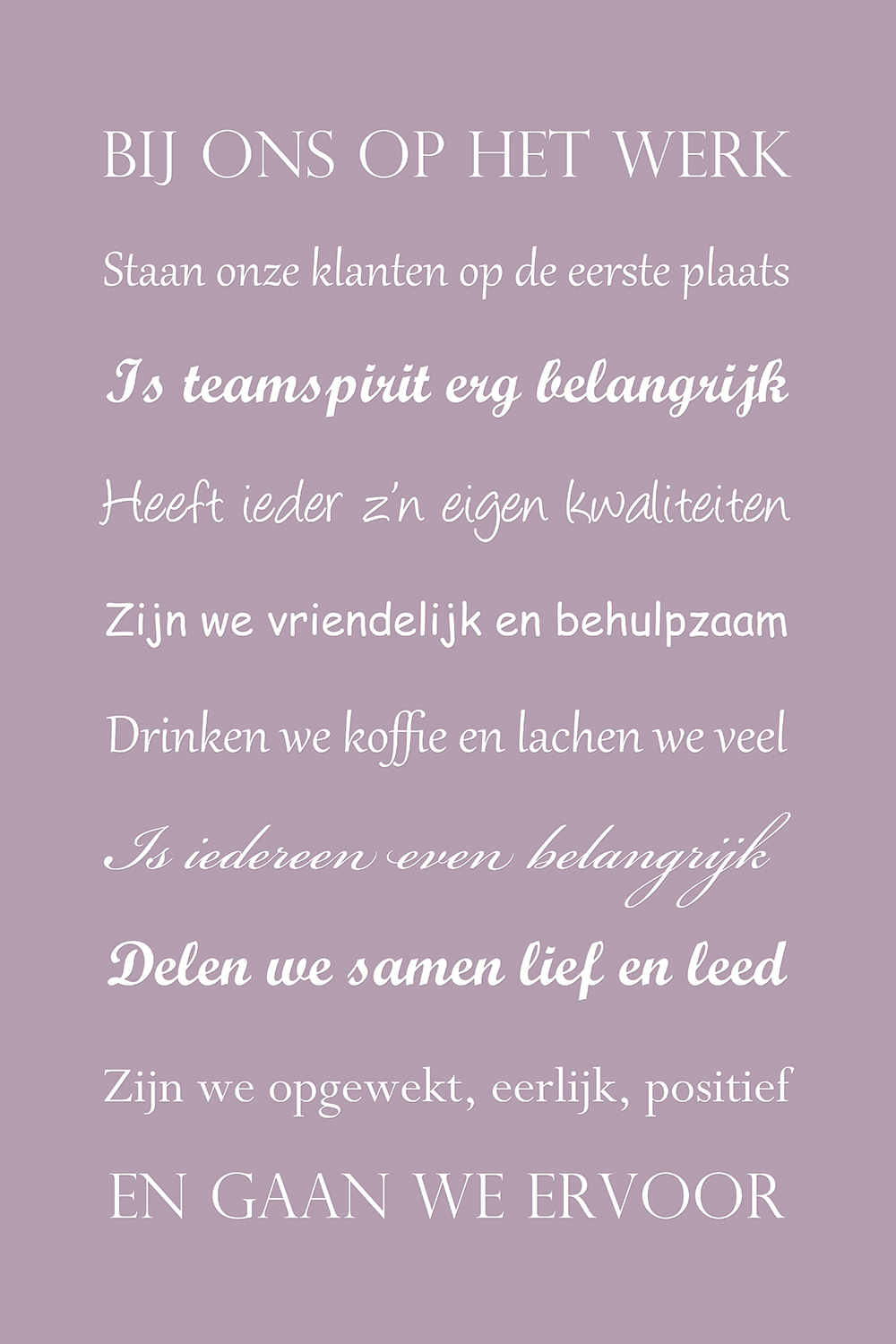 Bij ons op het werk op canvas paars