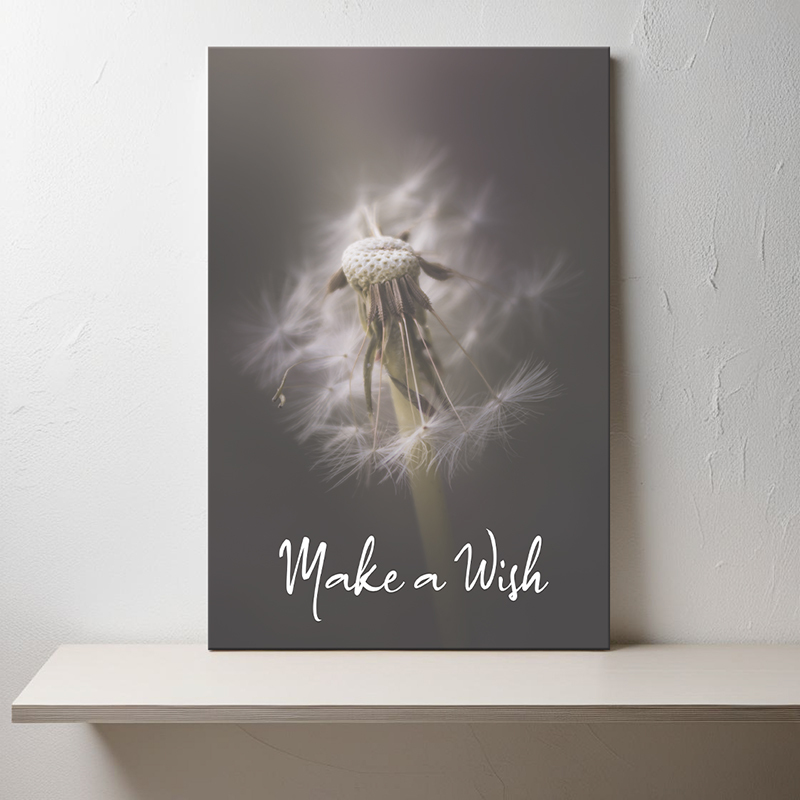 Blaasbloem afbeelding op canvas met tekst make a wish