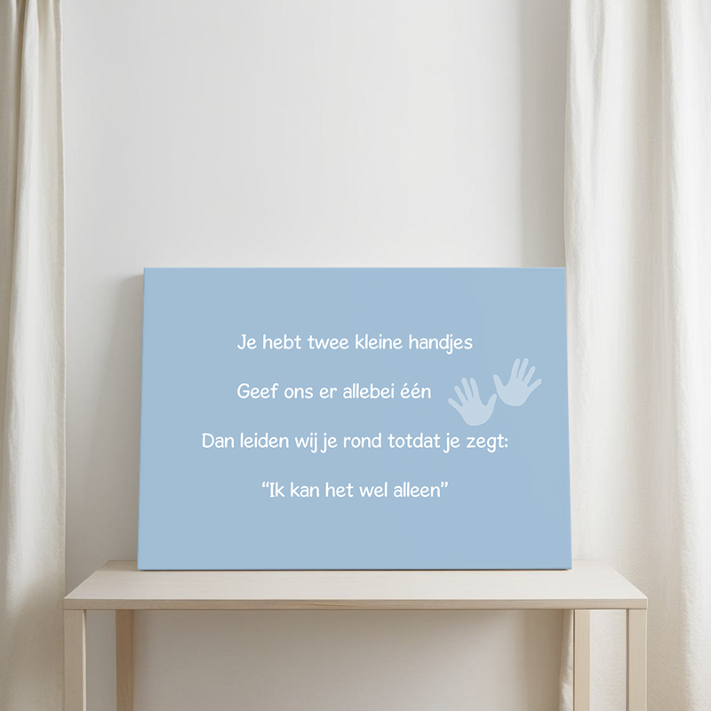 Tekst op canvas in de kleur blauw met witte letters