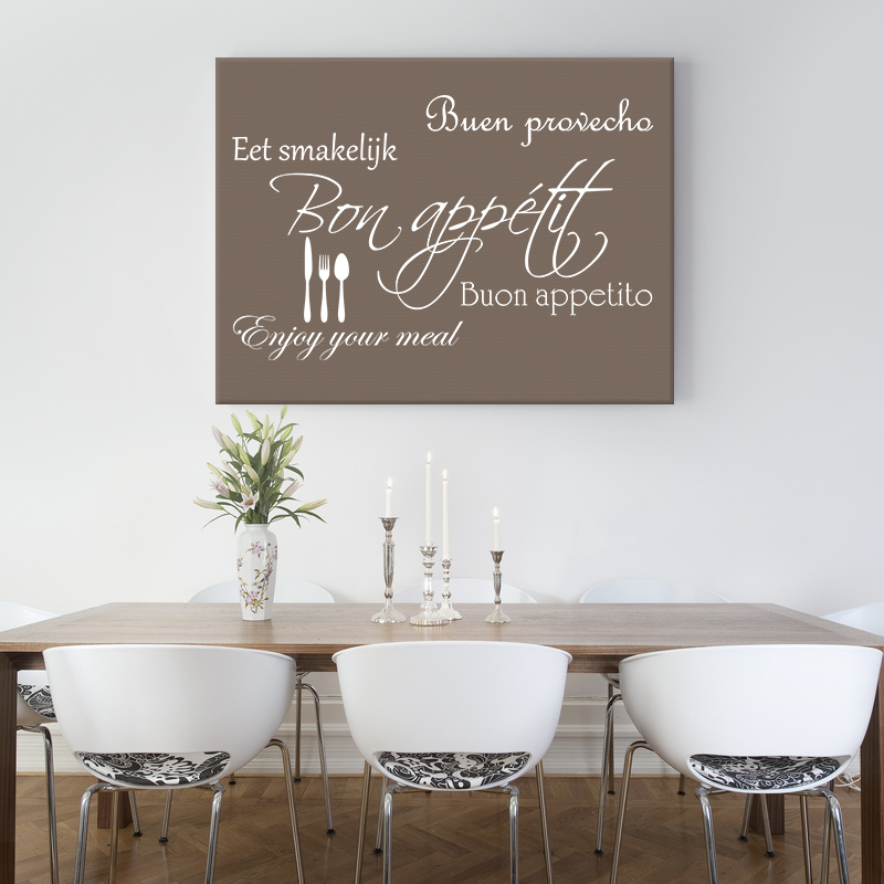 Tekst op canvas in de kleur donker taupe met witte letters