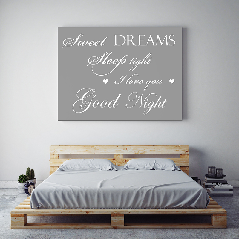 Tekst op canvas in de kleur grijs met witte letters