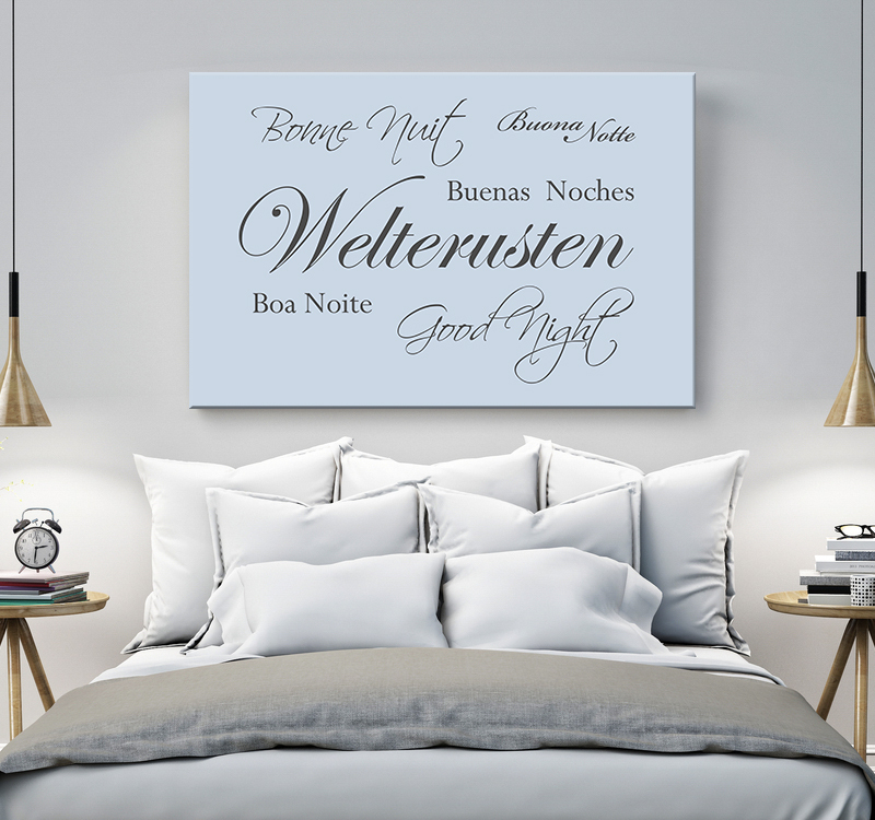 Tekst op canvas in de kleur lichtblauw met donkergrijze letters