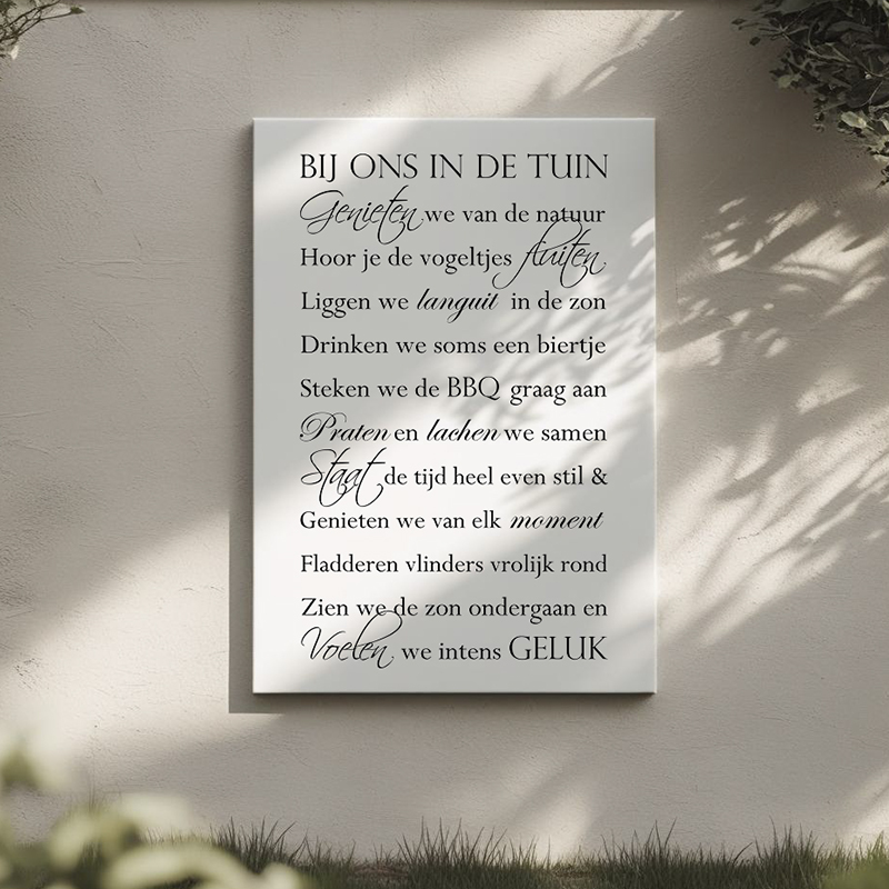 Tekst op tuindoek - Bij ons in de tuin
