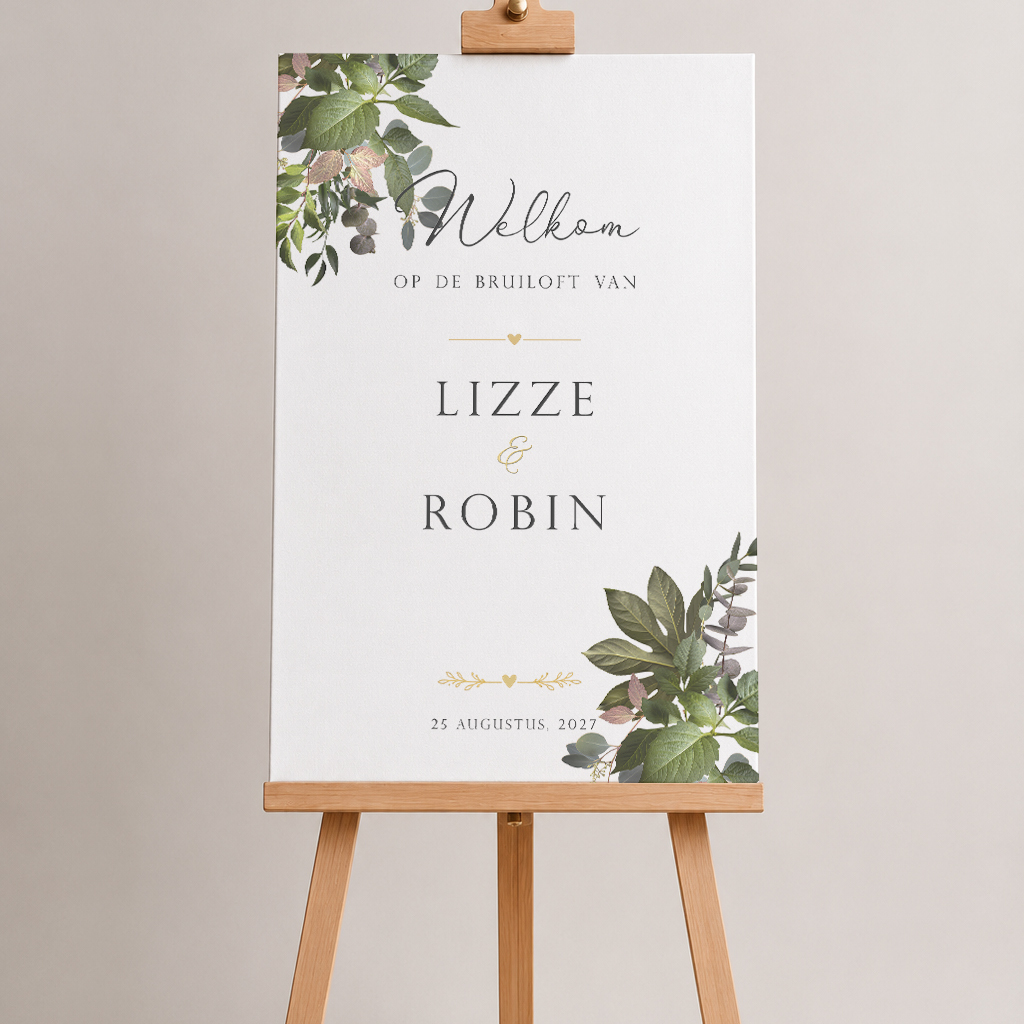 Welkomstbord voor bruiloft op schildersezel met botanisch ontwerp