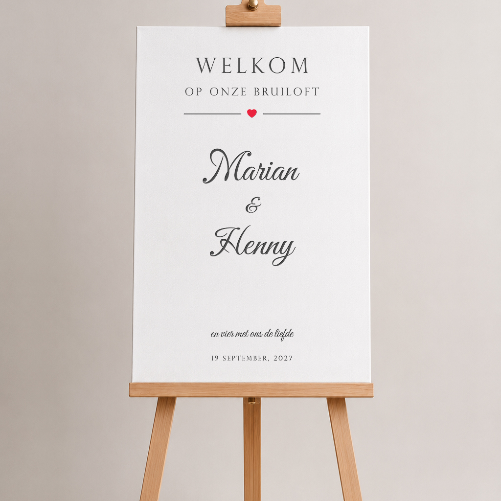 Welkomstbord voor bruiloft op schildersezel met liefdevol ontwerp