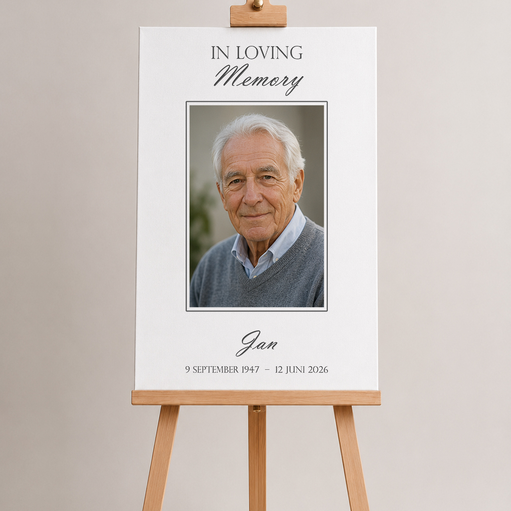 Welkomstbord voor uitvaart op schildersezel met klassiek ontwerp