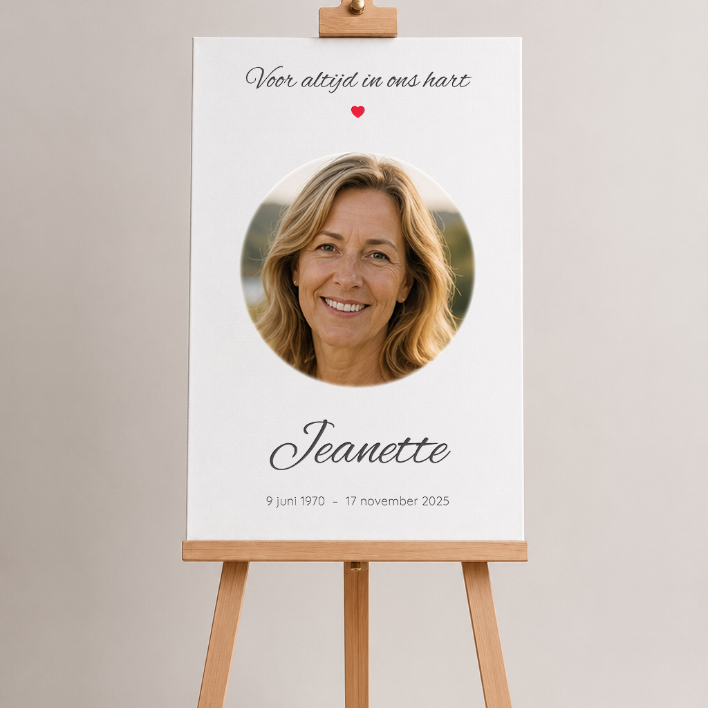 Welkomstbord voor uitvaart op schildersezel met liefdevol ontwerp