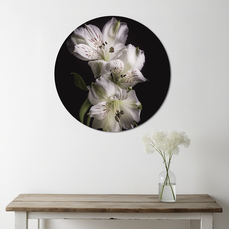 Witte bloemen op muurcirkel aan de muur
